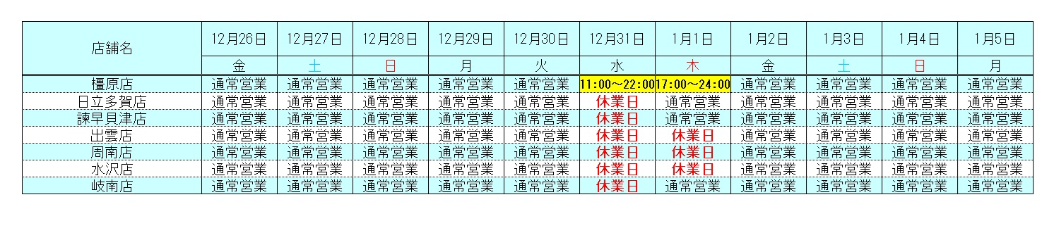 年末年始の営業日スケジュール